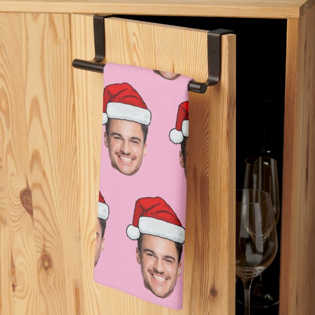 Paño De Cocina Custom Face Photo Santa Hat Christmas Pink (Pliegue de tercios)