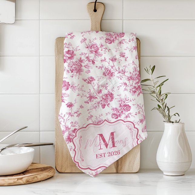 Paño De Cocina Custom Pink Toile Floral Monogram (Subido por el creador)