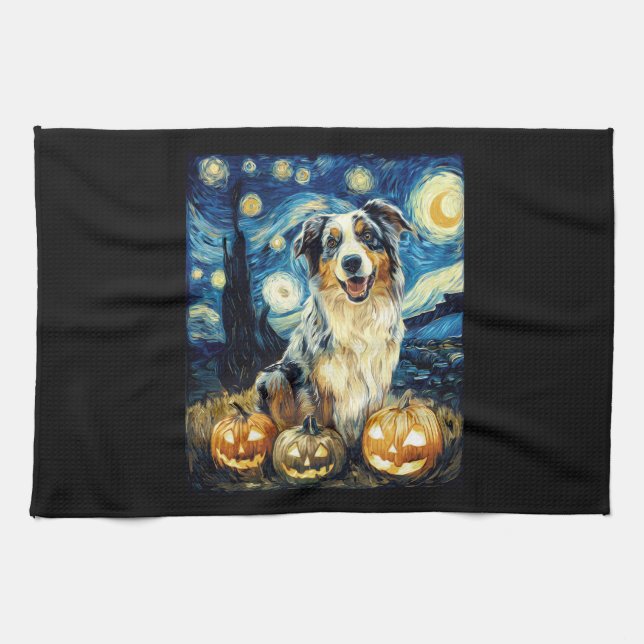 Paño De Cocina Cute Australian Shepherd Dog Halloween Jack O Lant (Horizontal)