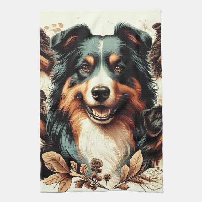 Paño De Cocina Cute Australian Shepherd Painting (Vertical)
