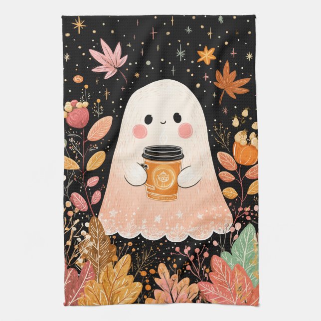 Paño De Cocina Cute Autumn Ghost with Pumpkin Coffee – Cozy Fall  (Vertical)
