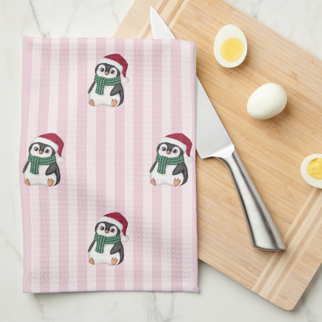 Paño De Cocina Cute Baby Penguin Wearing Santa Hat Christmas (Doblado Cuarto)