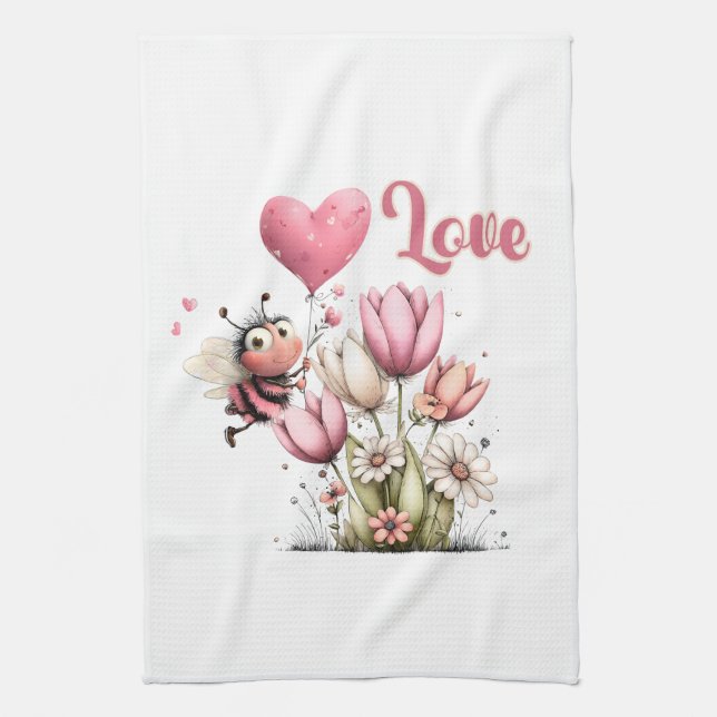Paño De Cocina Cute Bee Love Heart Balloon Spring Flowers (Vertical)