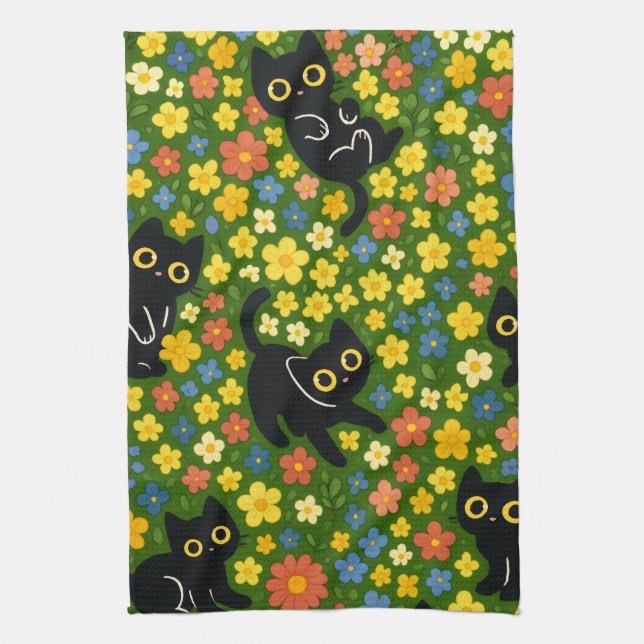 Paño De Cocina Cute Black Cats Floral Meadow Pattern (Vertical)