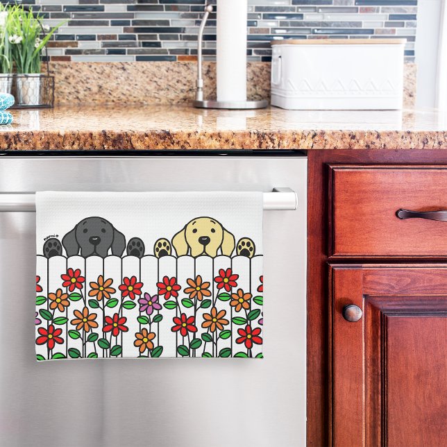Paño De Cocina Cute Black Lab Yellow Lab Wating (Black Lab and Yellow Lab Watching Cartoon Kitchen Towel for Labrador owners.  Cute dogs and flowers.)