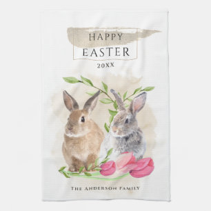 Paño De Cocina Cute Bunnies de Pascua   Feliz arte acuático de P