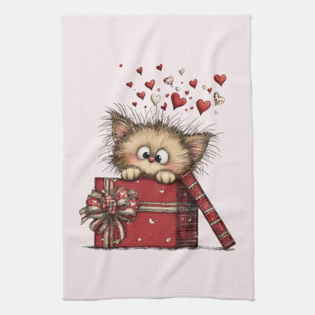 Paño De Cocina Cute Cartoon Kitten in a Box with Hearts (Vertical)
