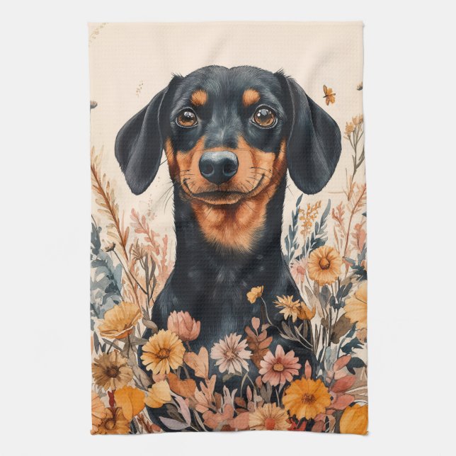 Paño De Cocina Cute Dachshund con pintura de flores silvestres (Vertical)