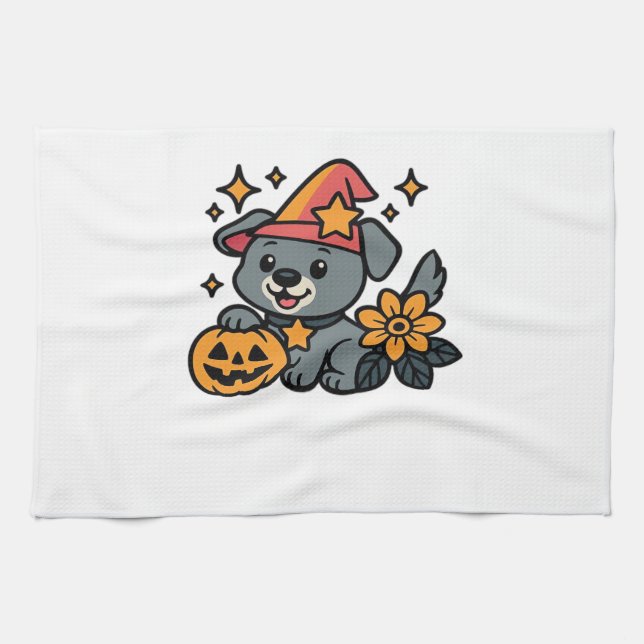 Paño De Cocina Cute Dog Witch hat Pumpkin Fun Halloween Oversized (Horizontal)