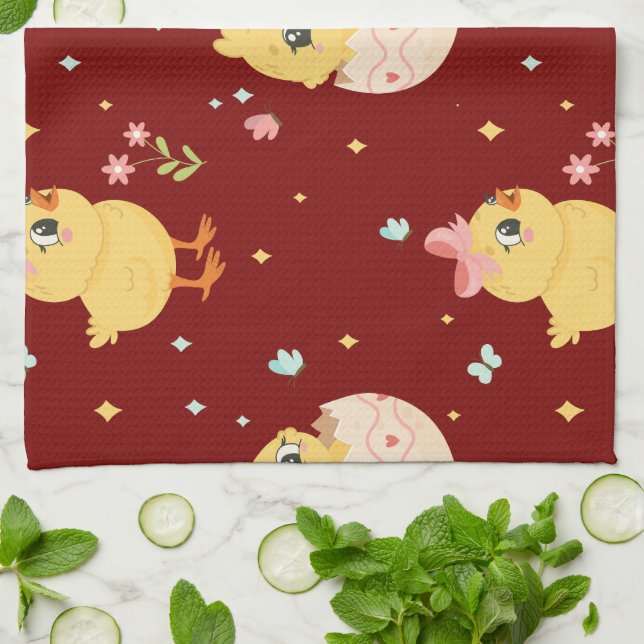 Paño De Cocina Cute Easter Chick with Pink Bow Seamless Pattern  (Doblado)