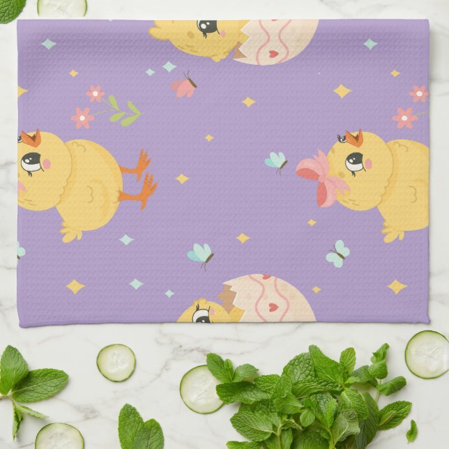 Paño De Cocina Cute Easter Chick with Pink Bow Seamless Pattern  (Doblado)