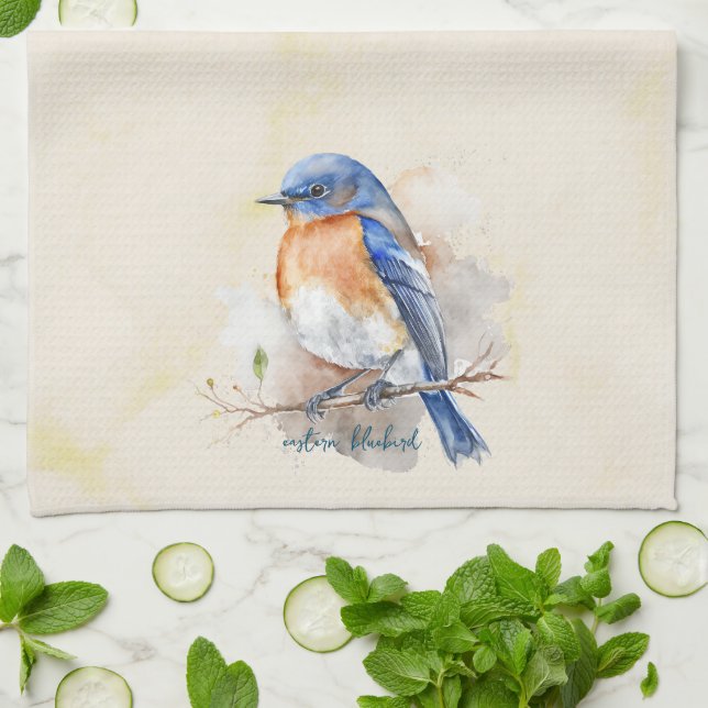 Paño De Cocina Cute Eastern Bluebird Rustic Watercolor (Doblado)
