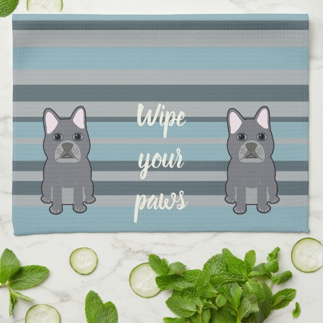 Paño De Cocina Cute French Bulldog Blue Striped (Doblado)
