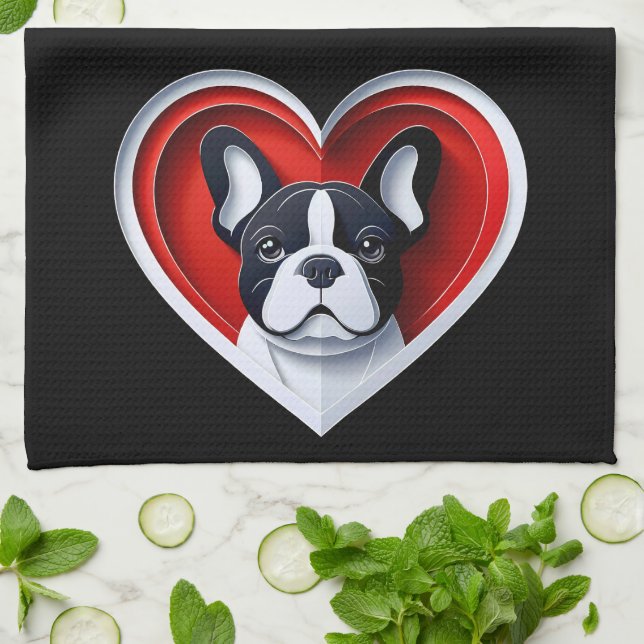 Paño De Cocina Cute French Bulldog Frenchie in Red Heart (Doblado)