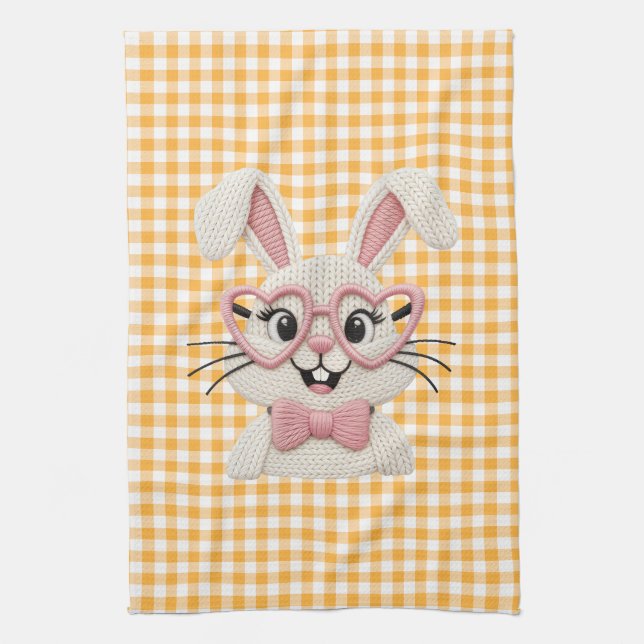 Paño De Cocina Cute Gingham Bunny Pink Heart Glasses  (Vertical)