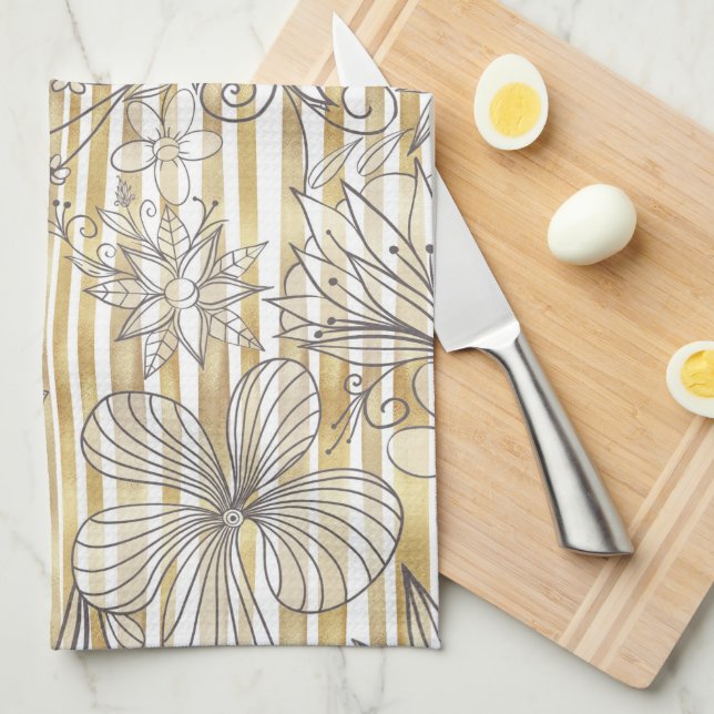 Paño De Cocina Cute Girly Gray Floral Doodles Gold Stripes Design (Doblado Cuarto)