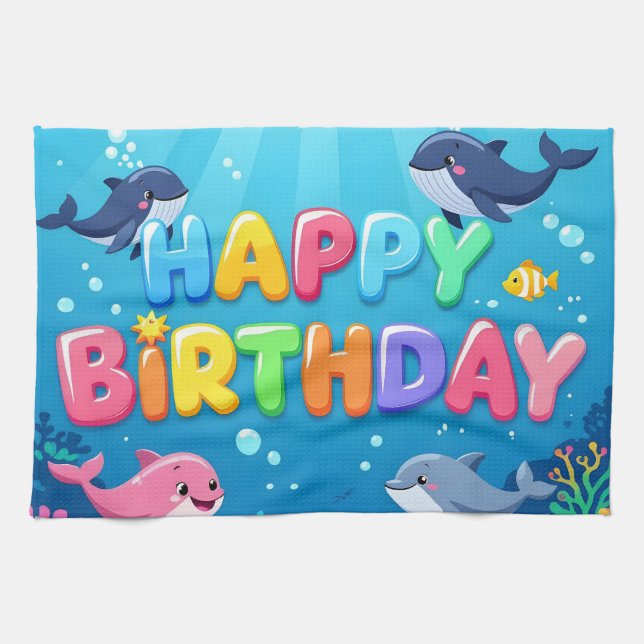 Paño De Cocina Cute Happy Birthday nautical dolphin (Horizontal)