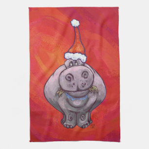 Paño De Cocina Cute Hippo en Santa Hat en Red