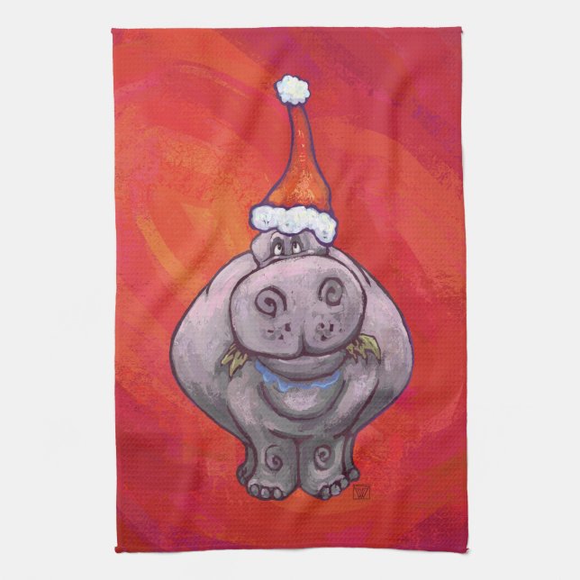 Paño De Cocina Cute Hippo en Santa Hat en Red (Vertical)
