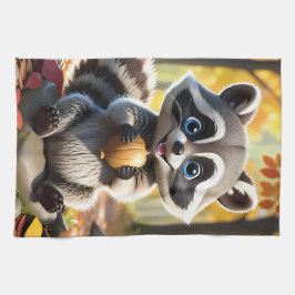 Paño De Cocina Cute Kawaii estilo Racoon sosteniendo una bellota