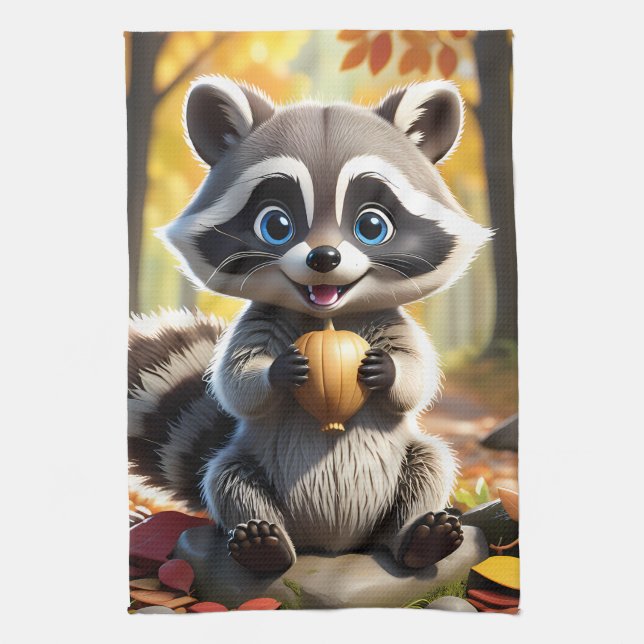 Paño De Cocina Cute Kawaii estilo Racoon sosteniendo una bellota (Vertical)
