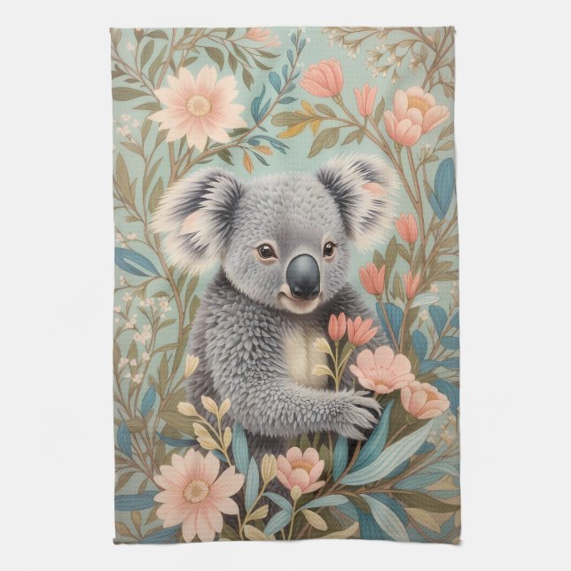Paño De Cocina Cute Koala Elegant Pastel Floral (Vertical)