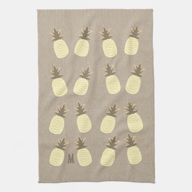 Paño De Cocina Cute Organic Linen Look Monogramed Pineapples (Vertical)