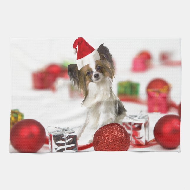 Paño De Cocina Cute Papillon Dog Navidades Santa Hat (Horizontal)