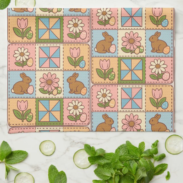 Paño De Cocina Cute Pastel Easter Bunny Flower Patchwork  (Doblado)