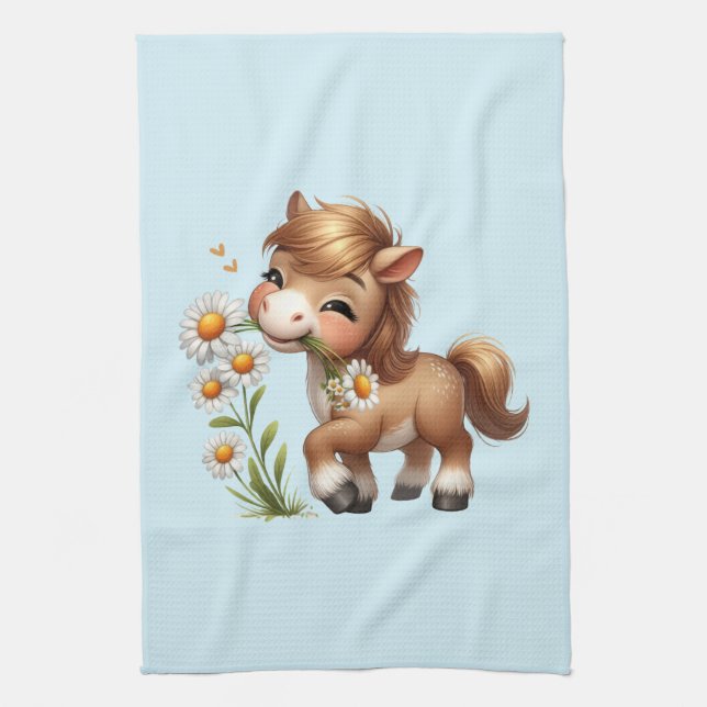 Paño De Cocina Cute Pony Eating Daisies (Vertical)