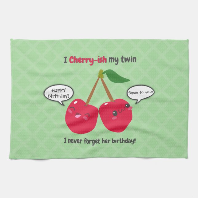 Paño De Cocina Cute Red Cherry Kawaii Gemelos Cumpleaños (Horizontal)