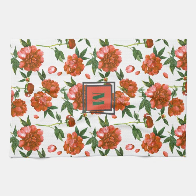 Paño De Cocina Cute Red Peonies Blooming Flowers Pattern Monogram (Horizontal)