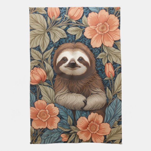 Paño De Cocina Cute Sloth Elegant Floral William Morris Inspired (Vertical)