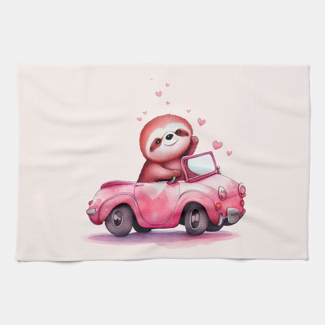 Paño De Cocina Cute Sloth in a Pink Convertible (Horizontal)