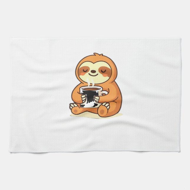 Paño De Cocina Cute Sloth Relaxing with Hot Coffee Premium T-Shir (Horizontal)