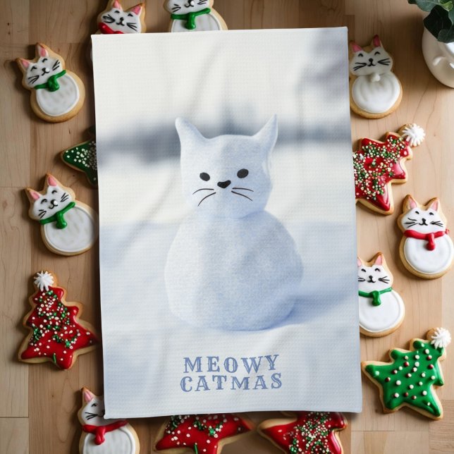 Paño De Cocina Cute Snow Cat Meowy Catmas Christmas Kitchen Towel (Meowy Catmas! A fun and festive kitchen towel for your cat theme holiday kitchen)