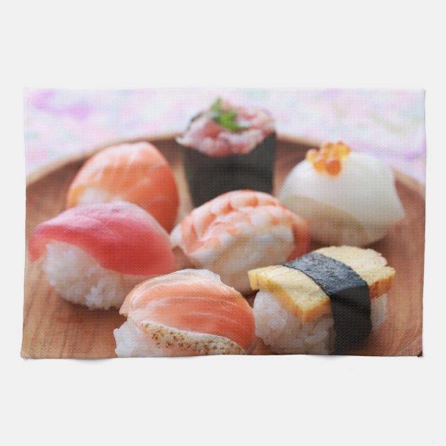 Paño De Cocina Cute Sushi Bites on Wooden Plate (Horizontal)
