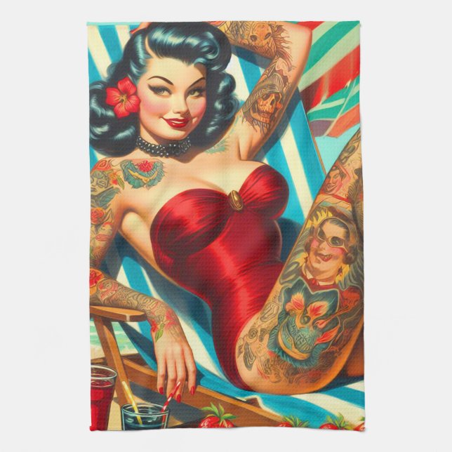 Paño De Cocina Cute Tattooed Swimsuit Pin-up (Vertical)
