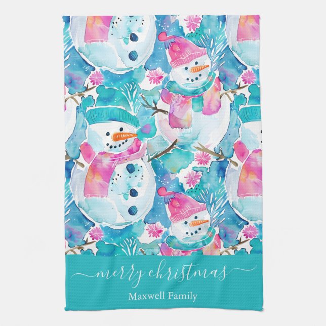 Paño De Cocina Cute turquoise snowmen script christmas (Vertical)