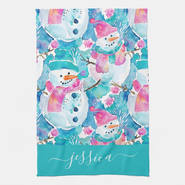 Paño De Cocina Cute turquoise snowmen script name (Vertical)