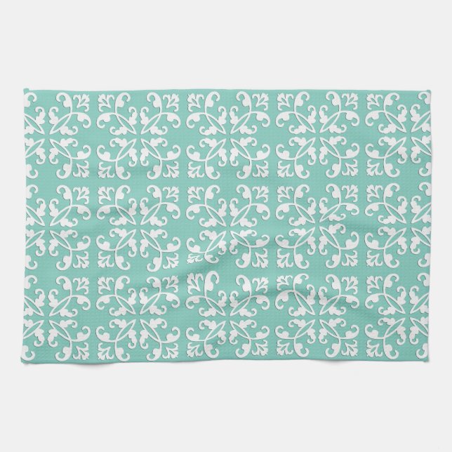 Paño De Cocina Cutwork de encaje - blanco sobre verde del seafoam (Horizontal)