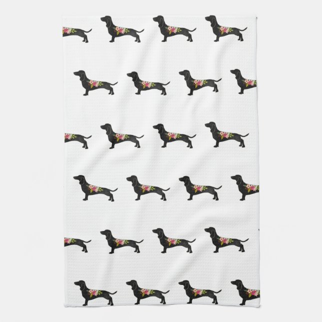 Paño De Cocina Dachshund Bohemian Floral Silhouette (Vertical)