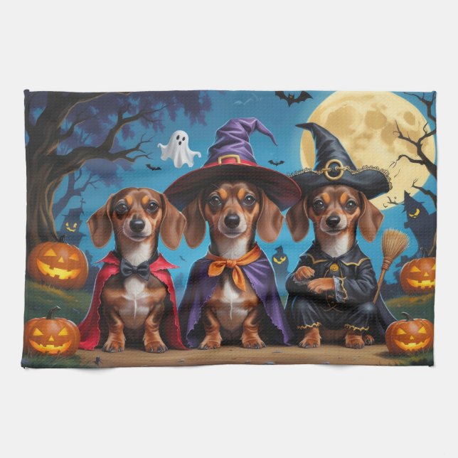 Paño De Cocina Dachshund Dogs Calabaza Halloween Divertido (Horizontal)