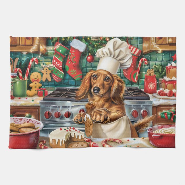 Paño De Cocina Dachshund Holiday Baking: Navidades festivos (Horizontal)