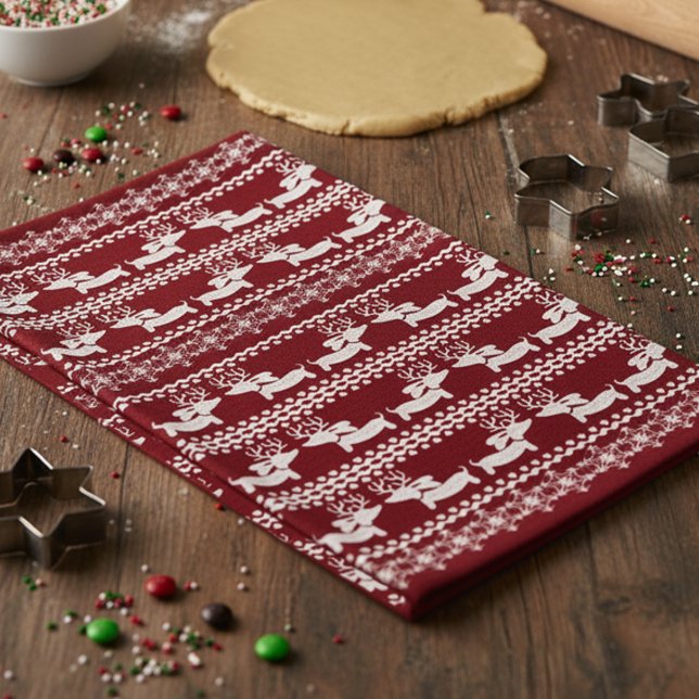 Paño De Cocina Dachshund Kitchen Navidades Regalo o Decoración  (Red dachshund reindeer Christmas dish towel)