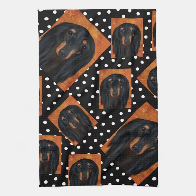 Paño De Cocina Dachshund negro de pelo largo     (Vertical)