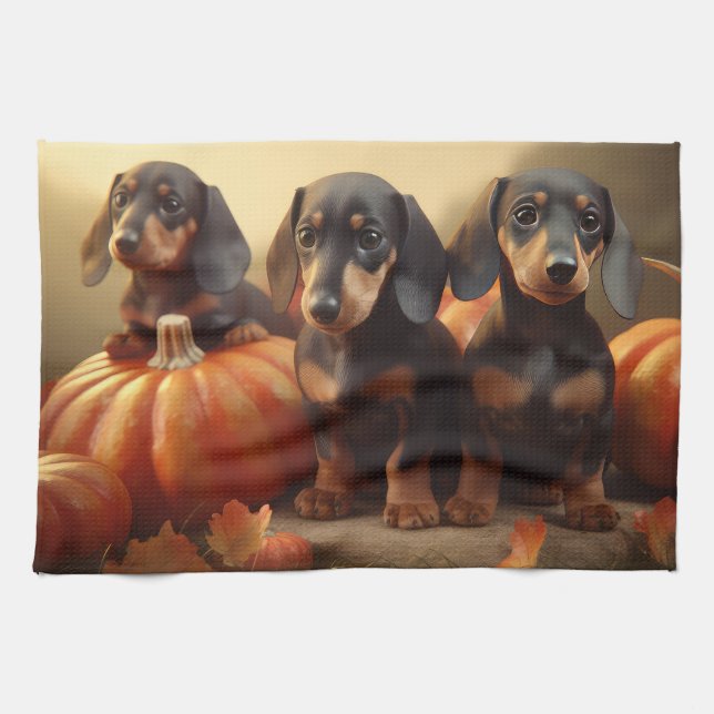 Paño De Cocina Dachshund Puppy Calabaza deslumbrante de otoño (Horizontal)