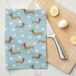 Paño De Cocina Dachshunds y copos de nieve en azul
