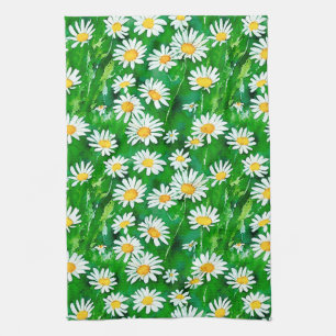 Paño De Cocina Daisies acuarelas en un campo verde