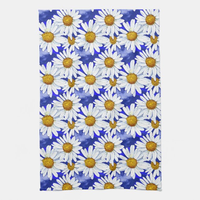 Paño De Cocina Daisies acuarelas sobre el azul denim (Vertical)
